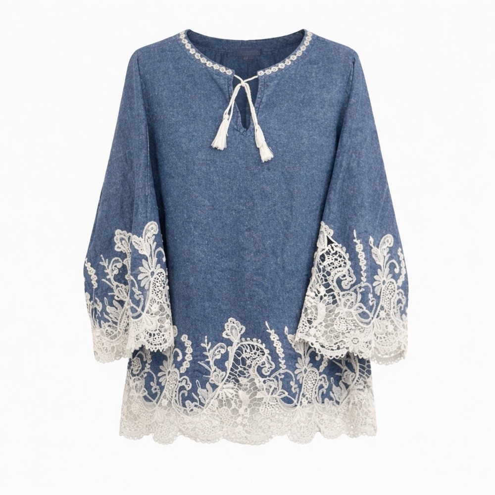 Roaman's Tunic Women 22W Blue Lace Trim Crochet Boho Chambray Top 30-5170-3